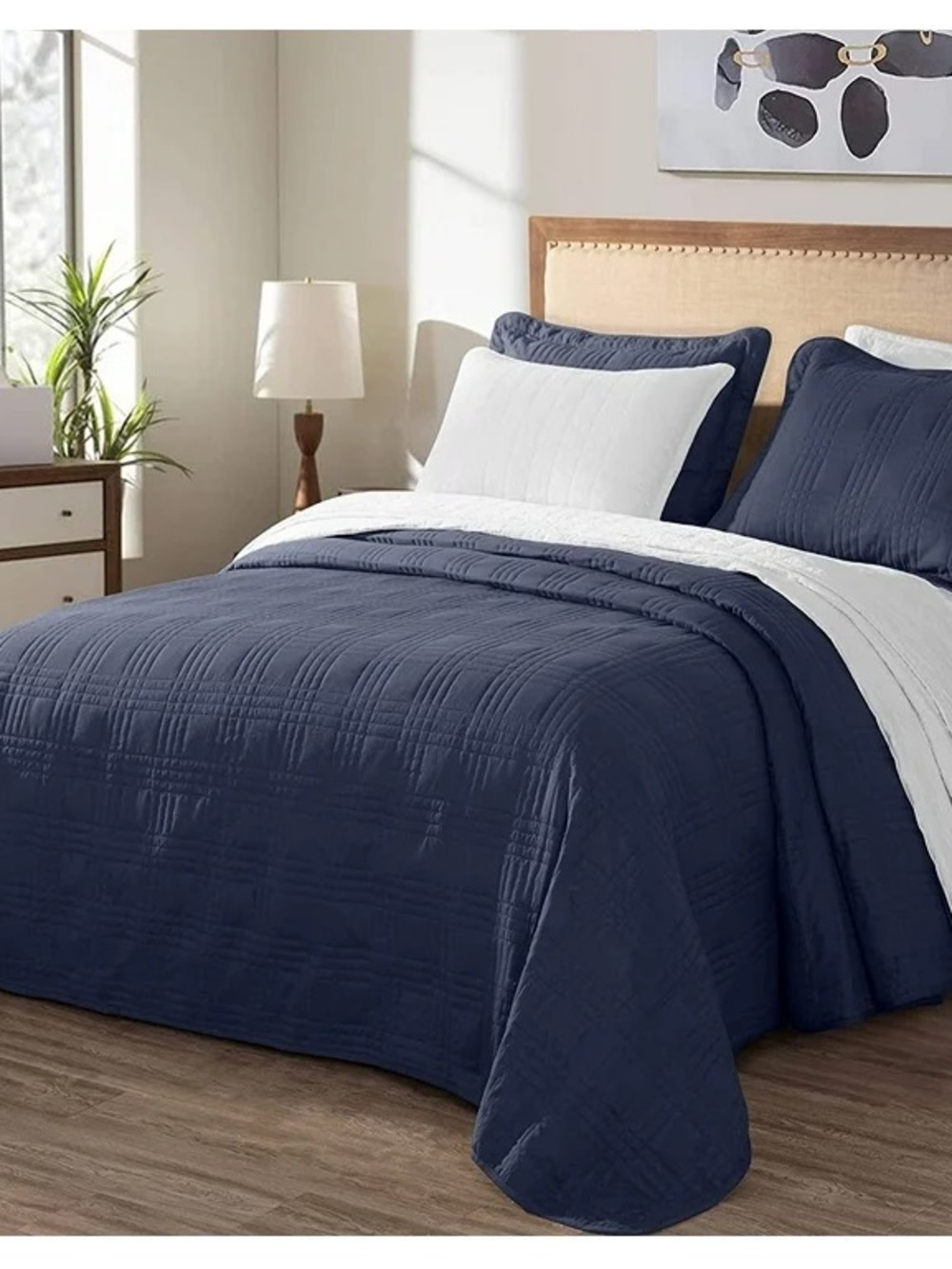 Queen navy blue 3 piece quilt set